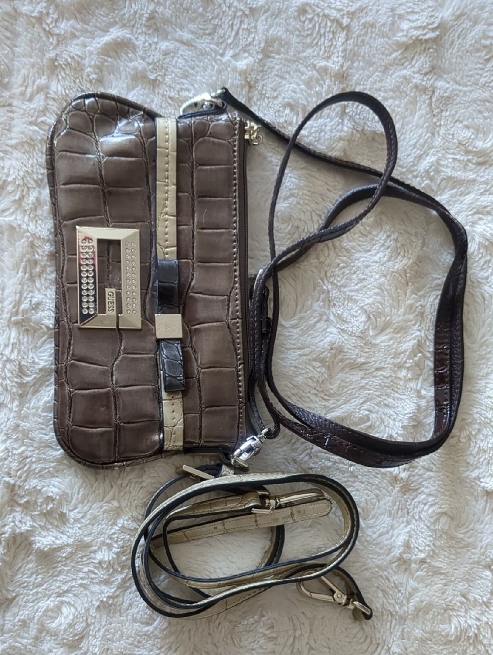 Guess Brown Croc-Embossed Crossbody Bag with Cream Trim and Gold Plate